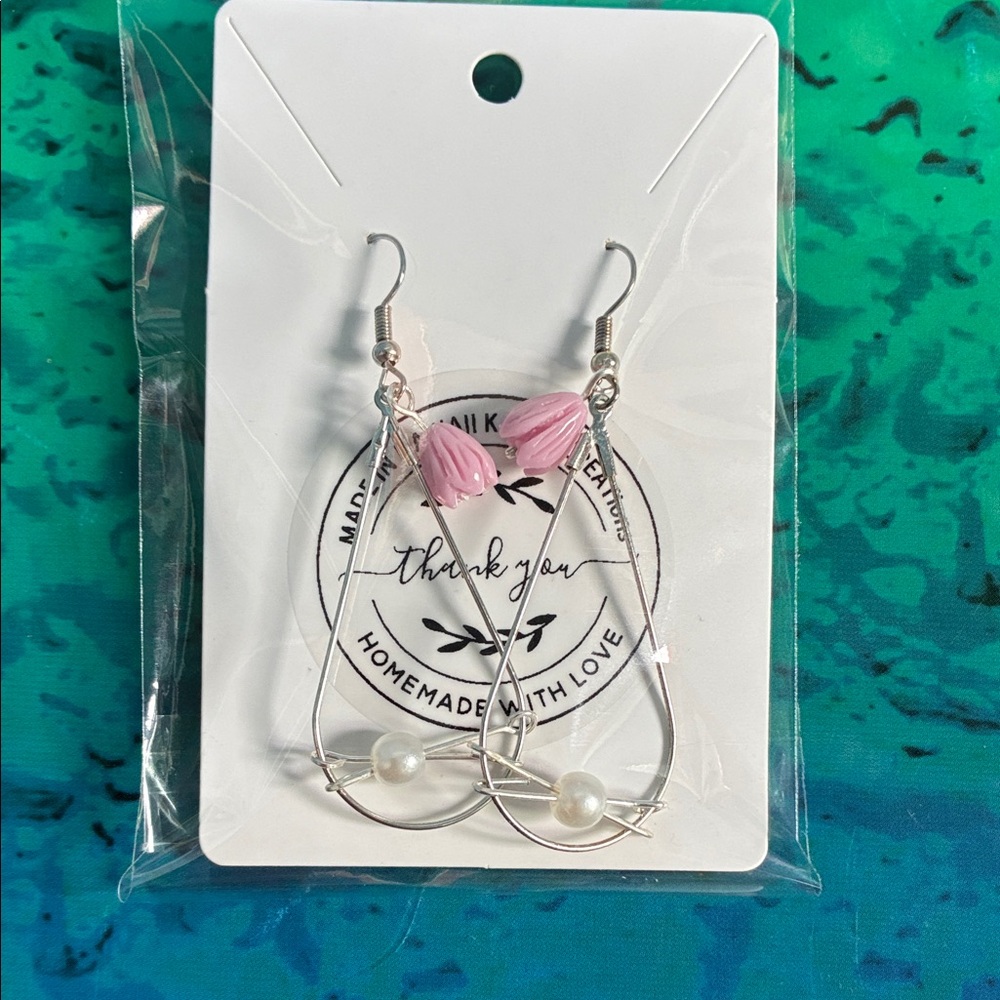 Pink Hawaiian flowers  and Silver Handmade Earrings